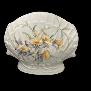 Shell-Shaped Ceramic Vase with Yellow and Blue Floral Design